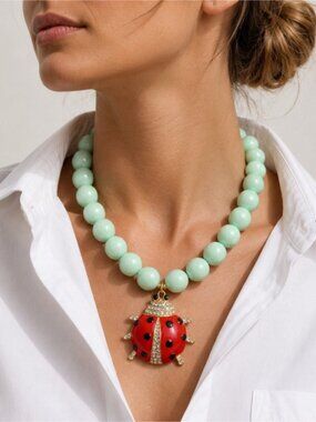 New! Preppy Y2K Beaded Lady Bug Dopamine Statement Necklace NWOT